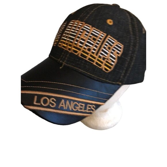 Los Angeles Blue Denim Strapback Cap Hat Faux Leather Trucker Baseball - Picture 2 of 5